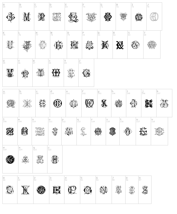 Intellecta Monograms Random Samples Six font map
